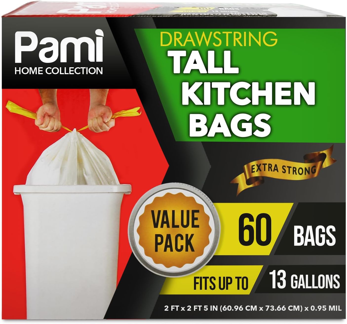 PAMI Tall 13-Gallon Kitchen Drawstring Trash Bags [60 Pack - White]- Extra-Strong Plastic Garbage Bags- Thick Trash Can Liners For Kitchen, Bathroom & Outdoor Bins- 2ft x2ft Unscented Trash Bags