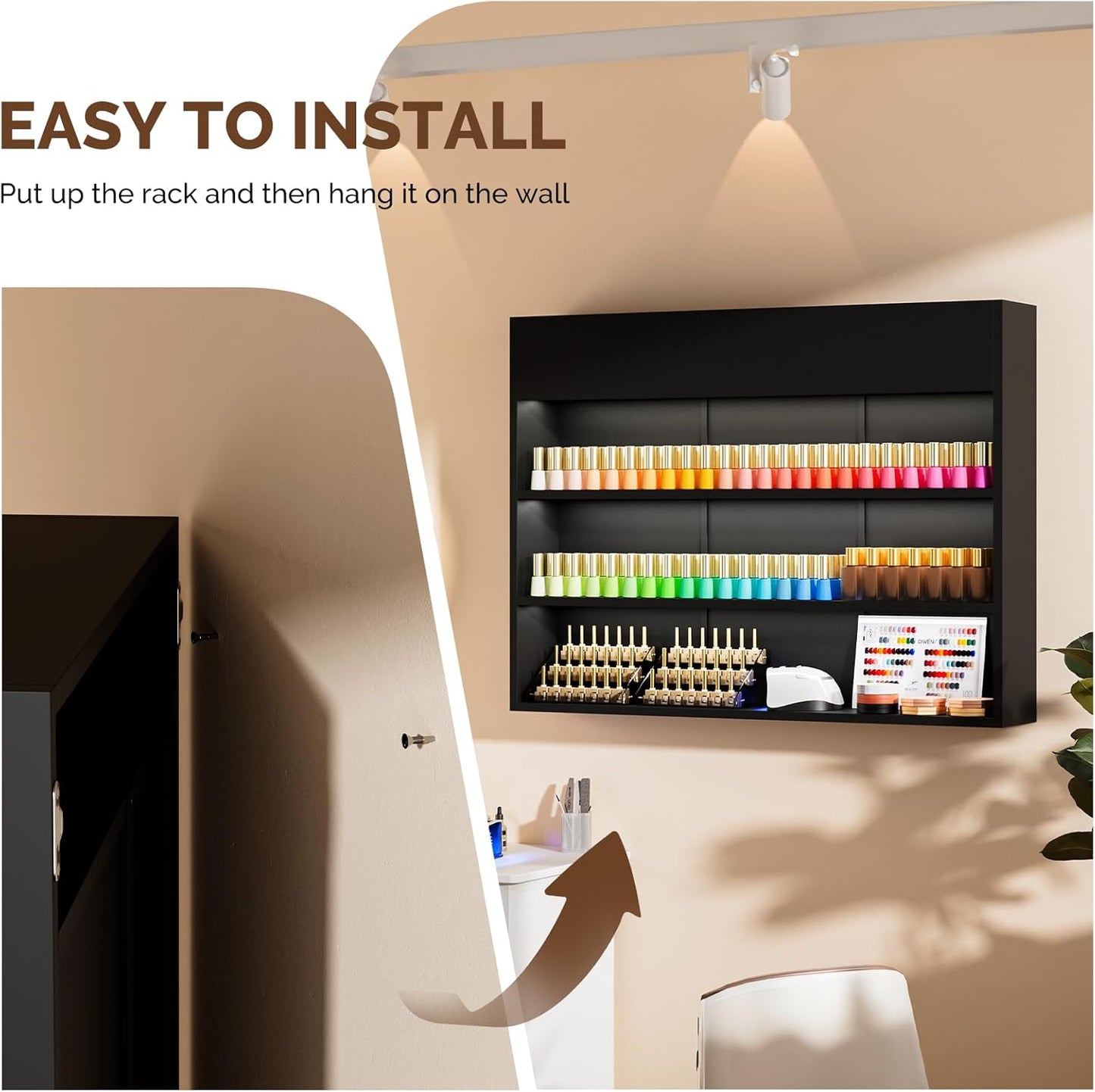 OmySalon Wall Mounted Display Rack, 47.6-Inch 3-Tier LED Nail Polish Organizer Shelf with USB Touch Control, for Nail Salon, Spa, Beauty Studio Storage, Wooden Retail Display (Black)