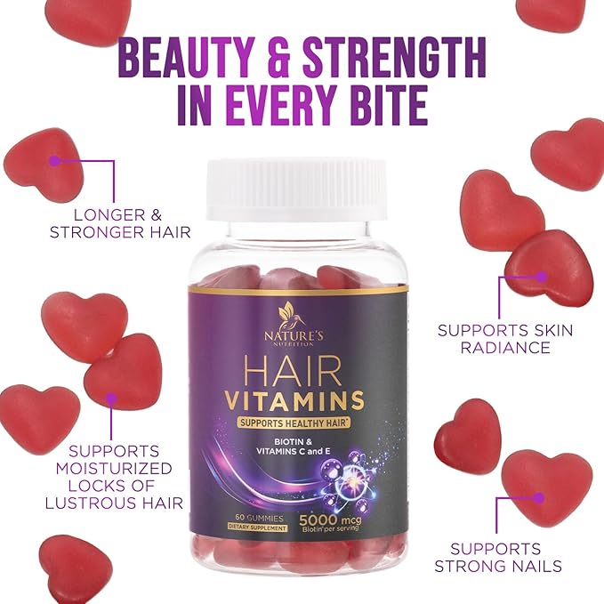 Hair Growth Vitamins Gummy with Biotin 5000mcg - Hair, Skin & Nails Vitamin Supplement for Women & Men, Supports Thicker Hair, Radiant Skin & Stronger Nails with Vitamin E, C & Zinc - 60 Gummies