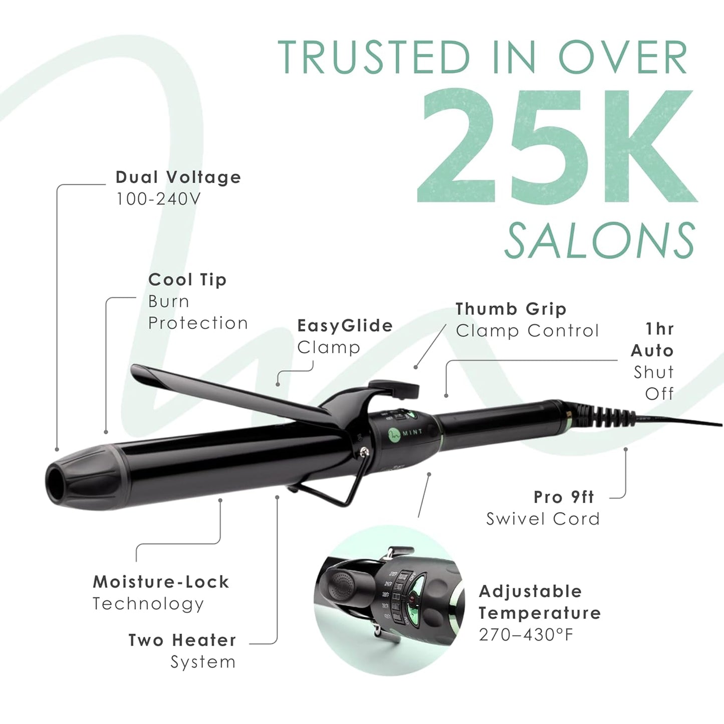 MINT Professional Extra Long Hair Curling Iron 1 1/2 inch | 2-Heater Ceramic Barrel That Stays Hot | 1.5 Inch Hair Iron Curler for Beach Waves | Travel-Ready International Dual Voltage