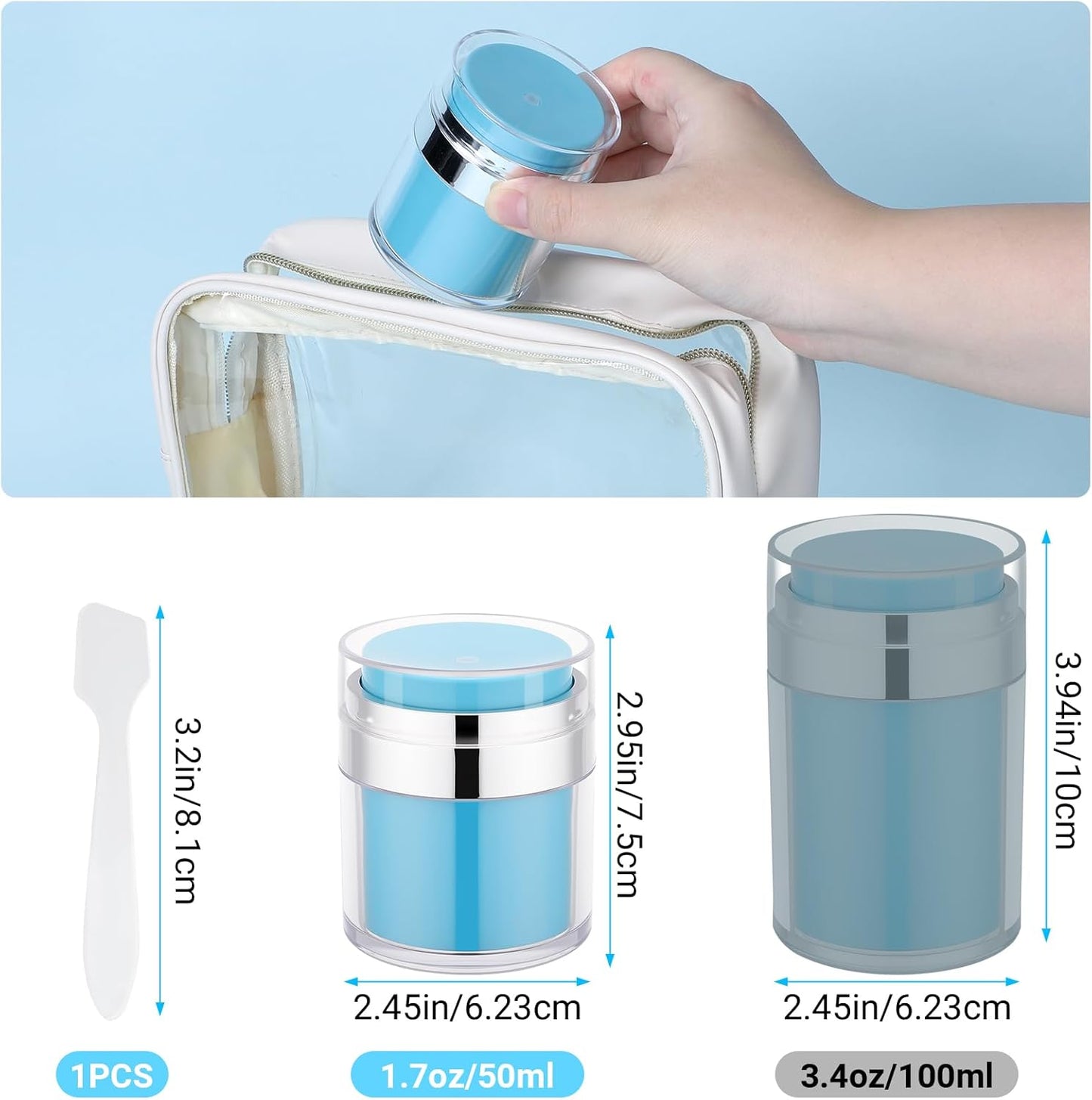 Segbeauty 1.7oz Airless Travel Pump Jar for Toiletries, 3pcs Refillable Blue Travel Size Lotion Containers for Liquids, 50ml Empty Vacuum Lotion Pump Bottle Dispenser Set, Skincare Toiletry Container