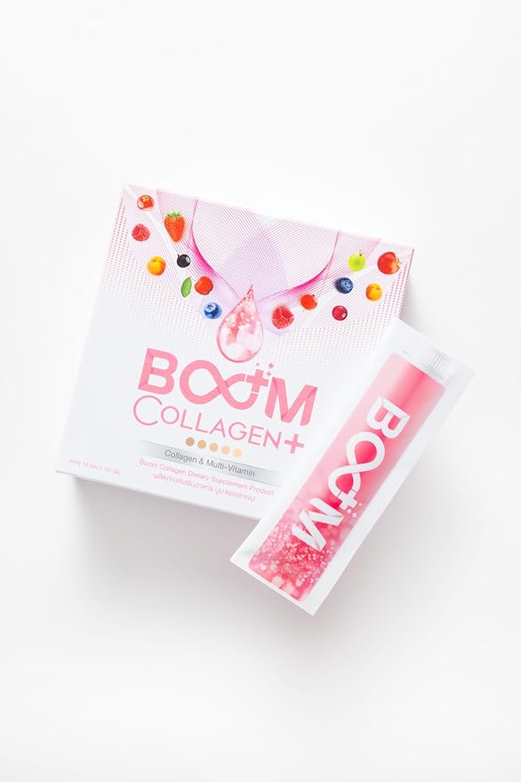 Generic BOOM COLLAGEN PLUS OVER 30 ANTIOXIDANTS- ANTI-AGING DRINK for BEAUTIFUL SKIN 14 SACHETS in BOX, Pink/White