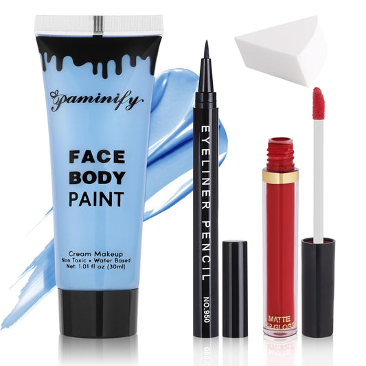 Sally Makeup Kit,Corpse Bride Halloween Makeup Kit,Water Based Light Blue Face Body Paint+Black Eyeliner+Red Lipstick+Sponge,Baby Blue Face Painting Kit for Sally Costume Cosplay