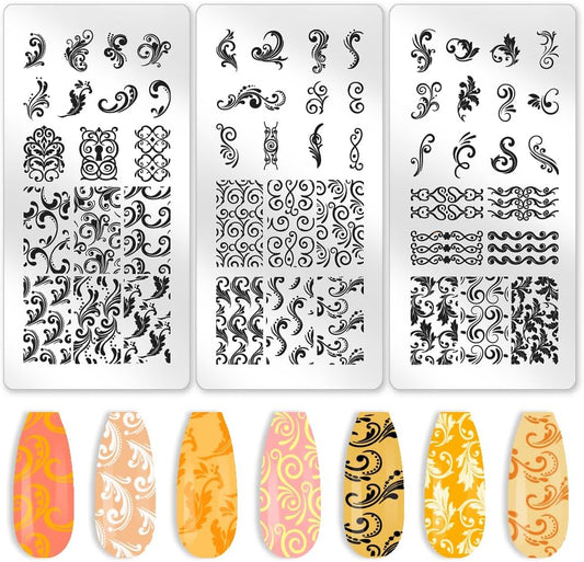 3Pcs Flourishes Nail Stamping Plate Vintage Floral Scrolls Nail Art Stamp Templates Stainless Steel Reusable Tools with Stamper Scraper for Manicure Printing