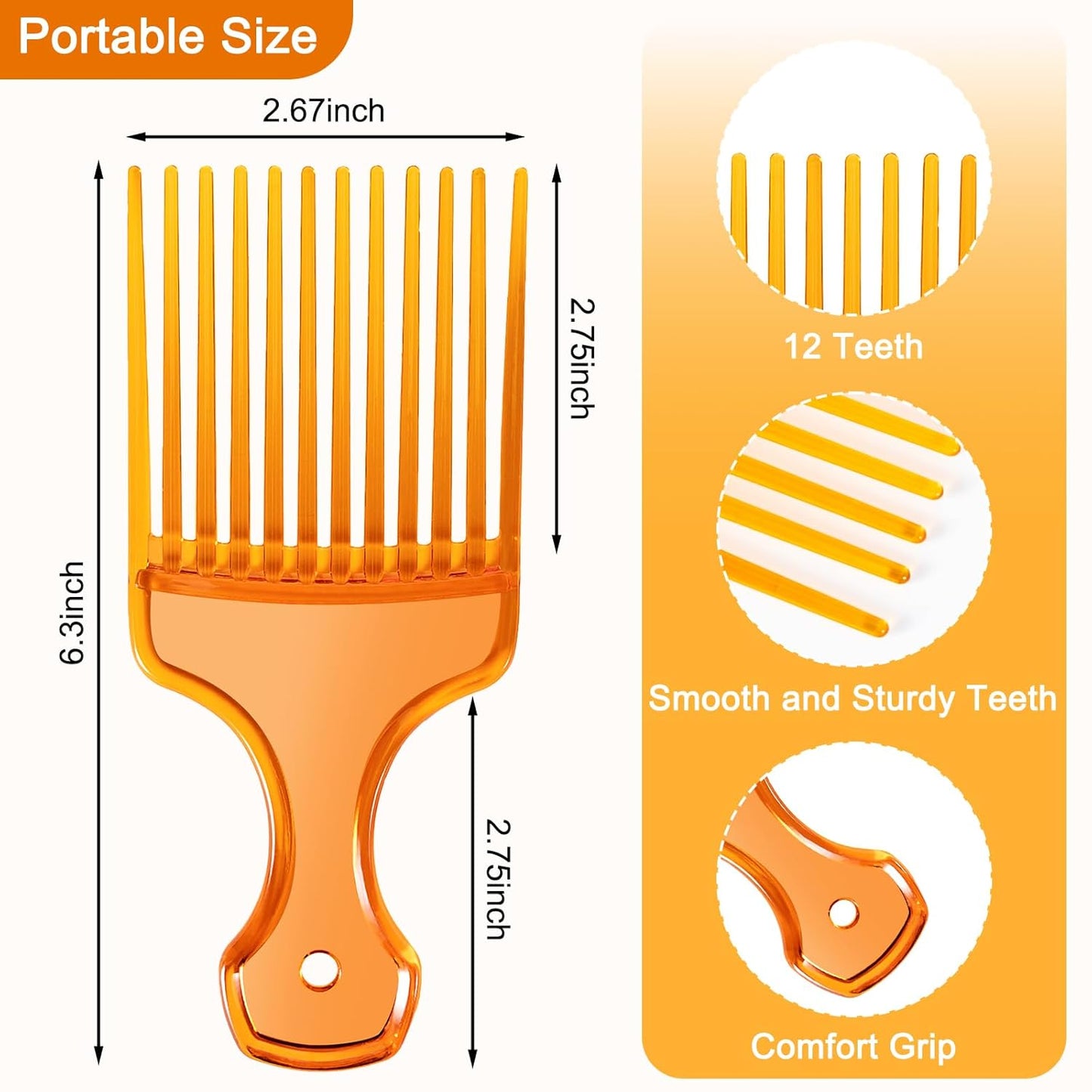 SIMPOR 2 Pcs Hair Pick Comb Wide Tooth Lift for Hair Styling Detangling Plastic Afro Pick for Women Men (Clear Orange, Black)