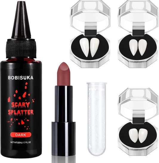 BOBISUKA Halloween Vampire Makeup Kit with Fake Blood, Red Brown Lipstick, 3 Pairs Vampire Teeth, Horror Cosplay Costume Accessories for Halloween, Vampire, Costume Party