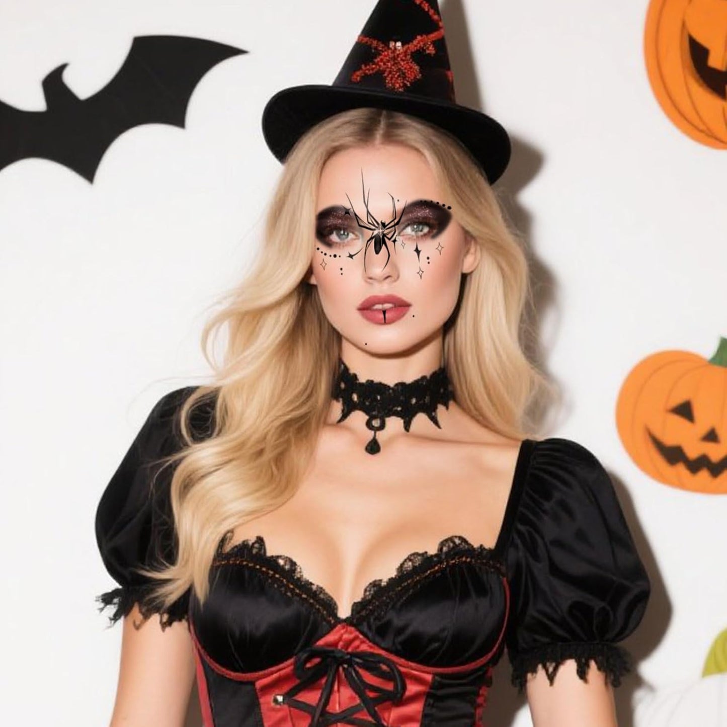 8Pcs Halloween Face Tattoos, Spider Silhouette & Glitter Stars Face Tattoos,Face Temporary Tattoos,Cosplay Face Makeup Tattoo Stickers, Easy Temporary Face Body Decals for women,Girls