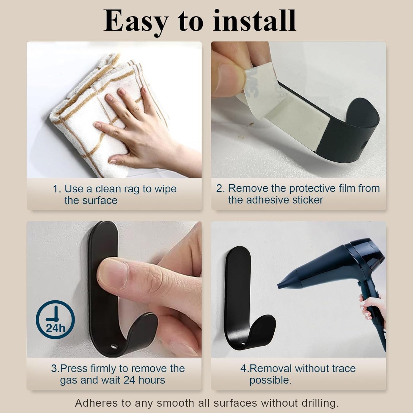 Adhesive Towel Hooks, 20 PCS Stainless Steel Self Adhesive Wall Hooks, Black Heavy Duty Shower Hook, Waterproof Oilproof Rustproof for Bathroom, Kitchen, Living Room