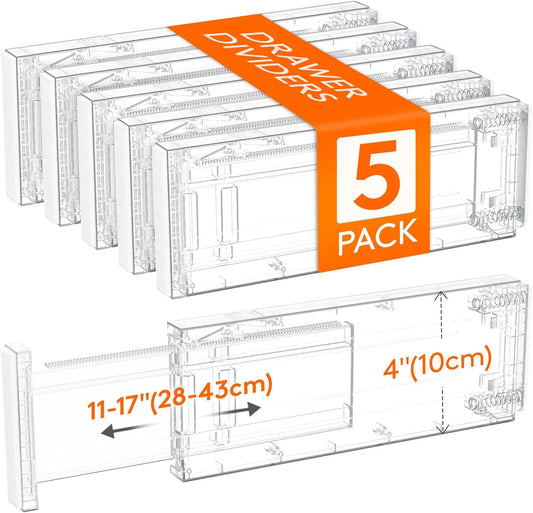 Lifewit Clear Drawer Dividers Adjustable Clothes Drawer Organizers, Expandable Drawer Separators, 5 Pack, 4" High/11-17 Long