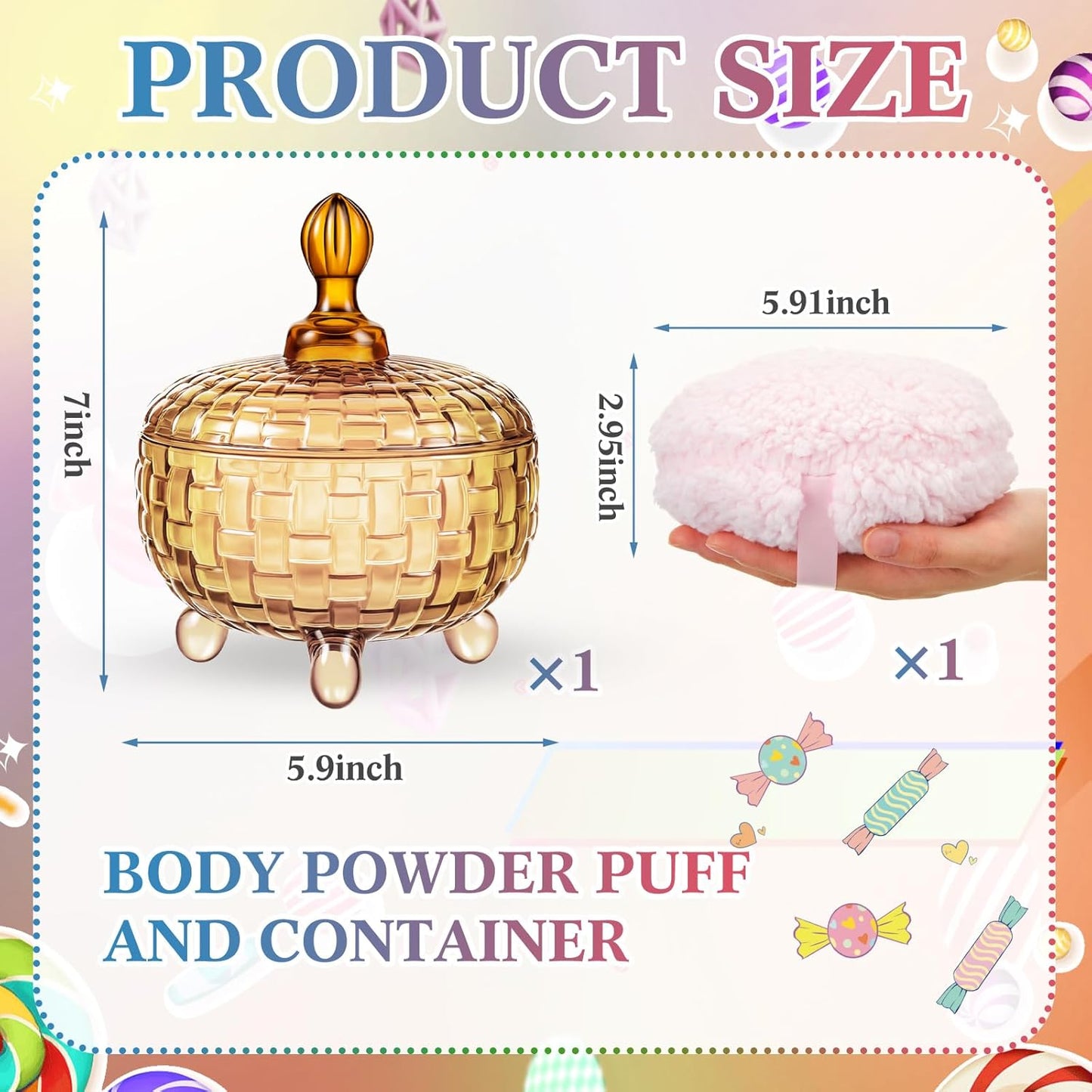 Tioncy 2 Pcs Extra Large Dusting Powder Puff and Container 6'' Body Powder Puff and Crystal Container for Women Soft Washable Reusable Velour Face(Amber)