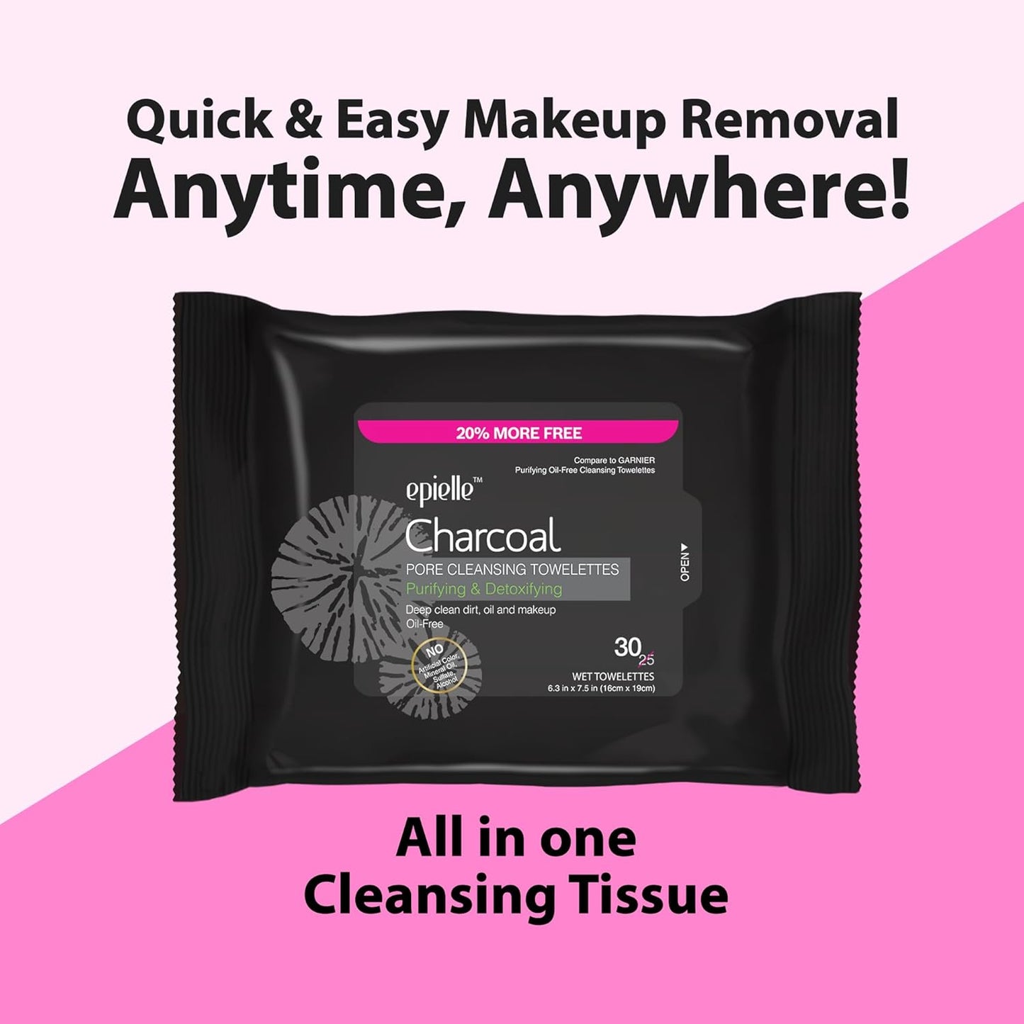 Epielle Charcoal Makeup Remover Wipes, Purifying & Detoxifying, Pore Cleaning Facial Cleanser Towelettes, Remove Dirt, Oil, Waterproof Mascara, Hypoallergenic & Alcohol-Free, 30 Count (Pack of 2)