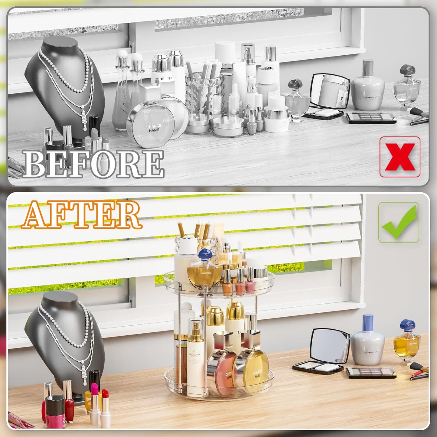 Yieach Spinning Bathroom Organizer,2Tier Bathroom Counter Makeup Lazy Susan Organizer,360 Rotating Vanity Organizers for Lotion,Hair,Beauty Products,Skin care Holder and Skincare Organizers Countertop