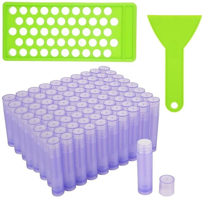 Lip Balm Tubes with Filling Tray and Spatula, 100PCS 5ml Purple Lip Balm Containers with White Caps, DIY Lip Care Balms Making Tray and Spatula for Women Girl Cosmetics Makeup