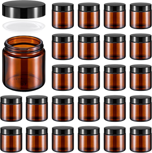 Norme 24 Pcs 4 oz Glass Jars with Lids Leakproof Round Airtight Empty Cosmetic Jars with Inner Liners Lid for Storing Lotions Powder Ointments Candle Making Tins (Black,Amber)