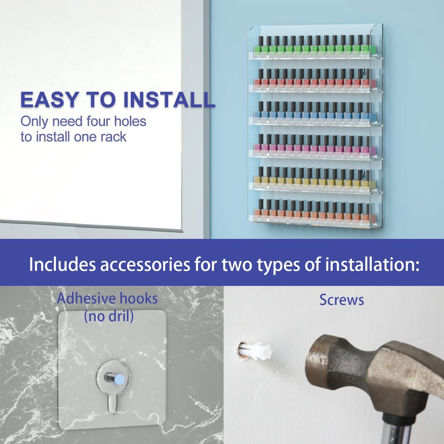 FEMELI 2 Pack Nail Polish Wall Racks 20 * 24 Inch Hold Up to 240 Bottles,Clear Acrylic Nail Polish Shelf Organizer Wall Mounted 6 Rows (2)