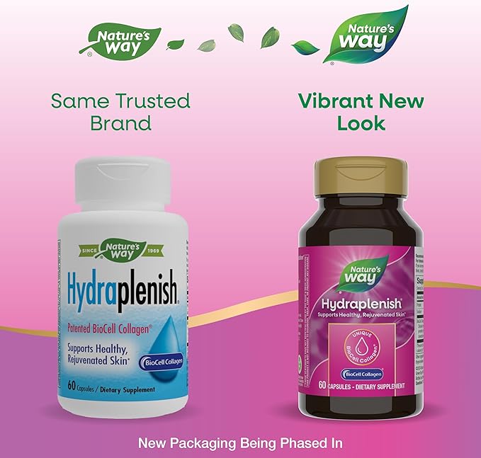 Nature's Way Hydraplenish, with Unique BioCell Collagen, Hyaluronic Acid, Promotes Collagen Production and Elasticity for Healthy Skin*, 60 Capsules (Packaging May Vary)