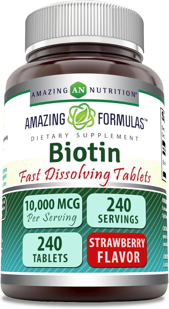 Amazing Formulas Biotin 10,000 mcg | Fast Dissolve Tablets | Non-GMO | Gluten Free Supplement | Made in USA (Strawberry | 240 Count)