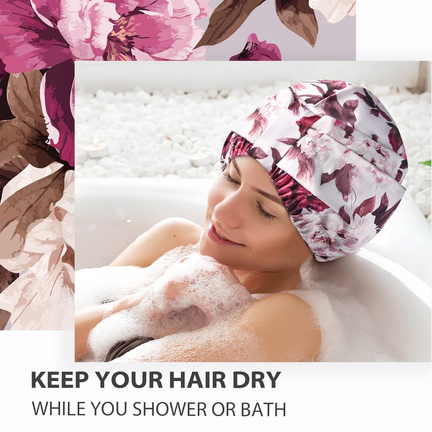 INNELO Luxury Shower Cap for Women Reusable Waterproof, Double Layered Shower Hair Cap with Adjustable Elastic Strap, Large Satin Lined Shower Bath Cap for Long Curly Straight Hair, Pink-Flower