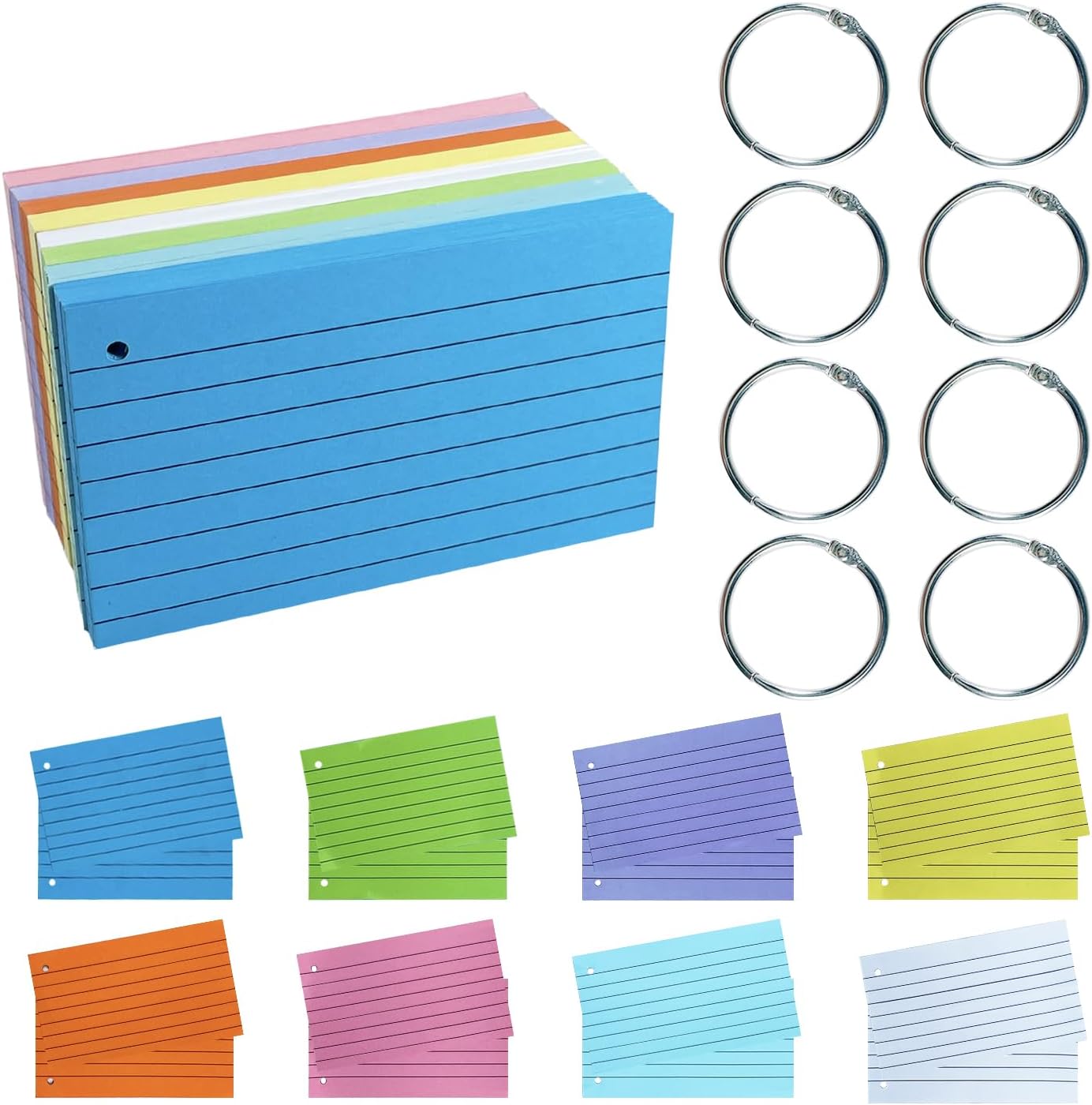 TFLFL Index Paper Cards 3x5 Inch, 300PCS Flash Cards with Rings, Thin Paper 8 Colors Ruled Index Cards, Assorted Lined Colored Flashcards, Study Card Note Cards Memo Pad for Office School