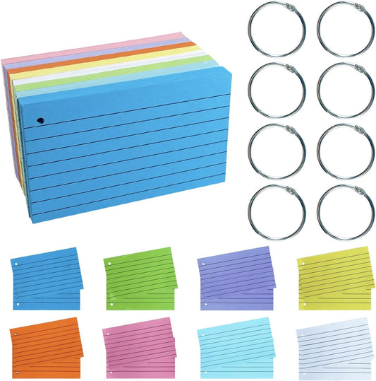 TFLFL Index Paper Cards 3x5 Inch, 300PCS Flash Cards with Rings, Thin Paper 8 Colors Ruled Index Cards, Assorted Lined Colored Flashcards, Study Card Note Cards Memo Pad for Office School
