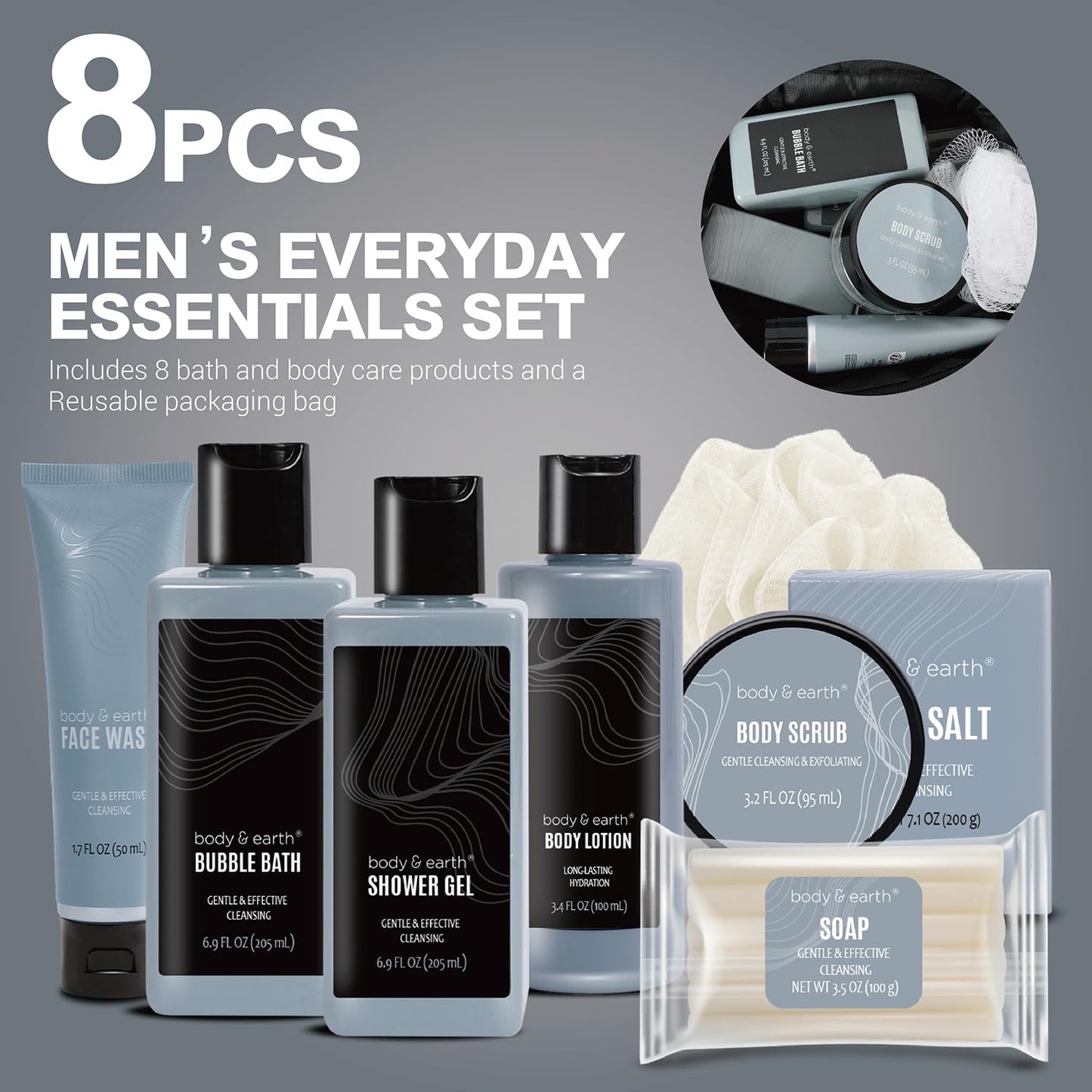 Body & Earth Gift Baskets For Men 8Pcs Full Size Toiletries Travel Bag With Leathers Scent Birthday Christmas Gifts From Wife Daughter Son For Husband Dad