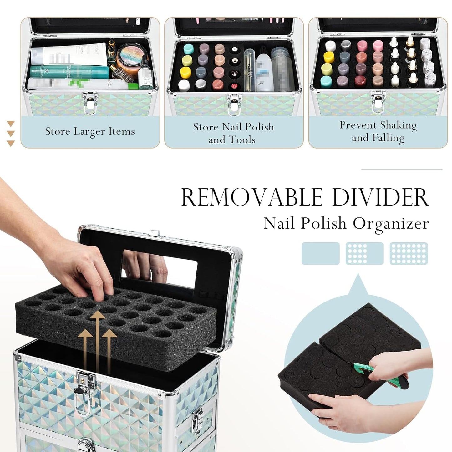 FRENESSA Extra Large Makeup Organizer with Drawer, Mirror, Dividers, Travel Nail Art Case - Watery Blue