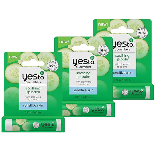 Yes To Cucumber Soothing Lip Balm, Hydrating Non-Sticky Salve That Calms Dry Cracked Lips, Locks In Moisture & Glides On Smoothly, With Aloe Vera & Castor Oil, Natural & Cruelty Free, 0.15 Oz, 3-Pack