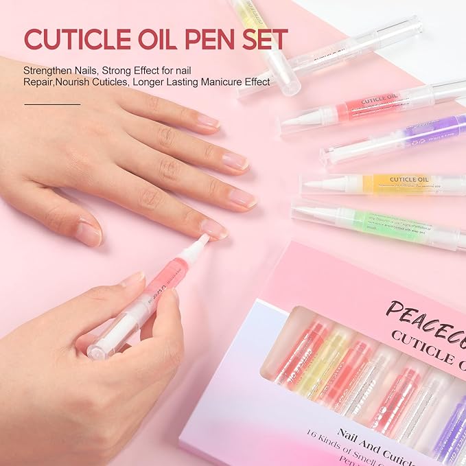 Peacecolor 16Pcs Cuticle Oil Pen for Nails Portable Nail Moist Nail Strengthener Nail Care Kit for Nail Treatment Care Nail Softener and Strengthener