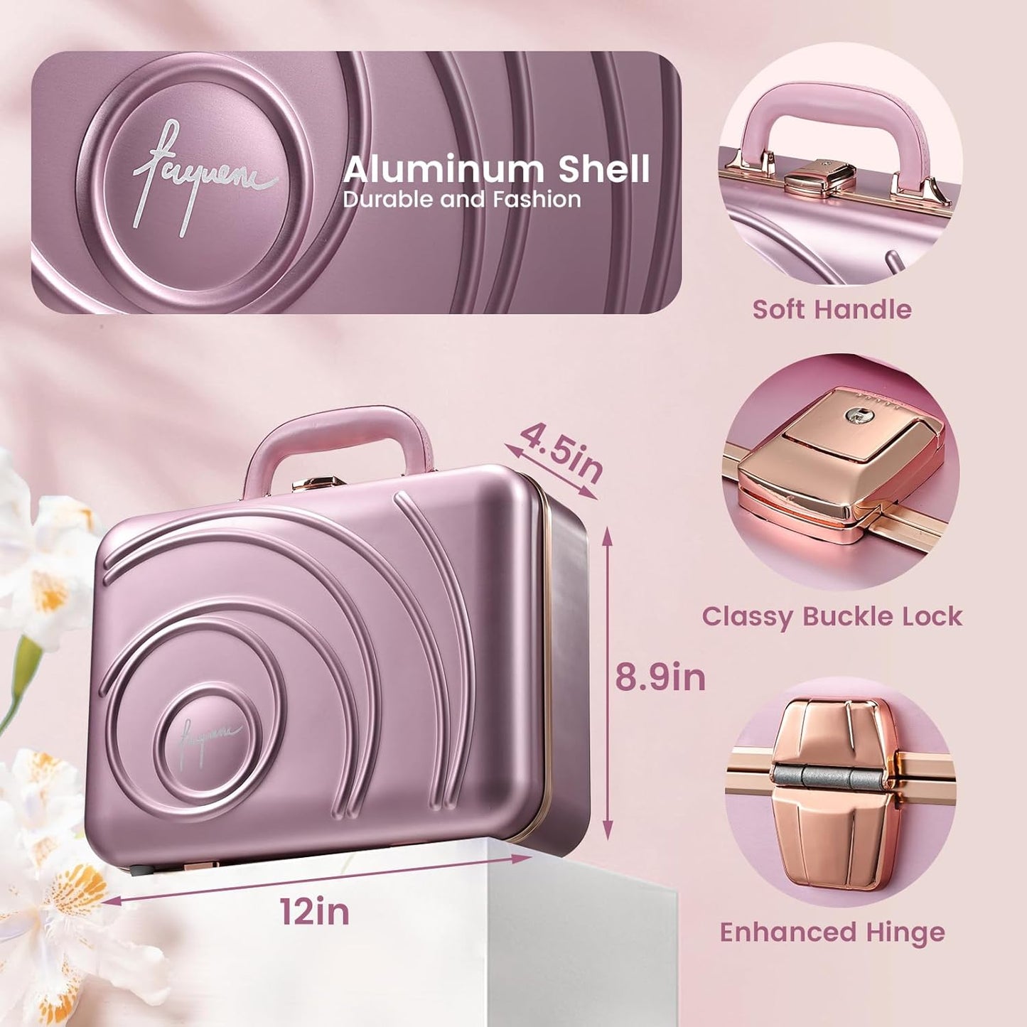 Travel Makeup Case with LED Lighted Mirror 12 Inch Portable Makeup Box Organizer Adjustable Brightness in 3 Colors Cosmetic Storage Case with Dividers Hard Aluminum Shell Vanity Box Pink