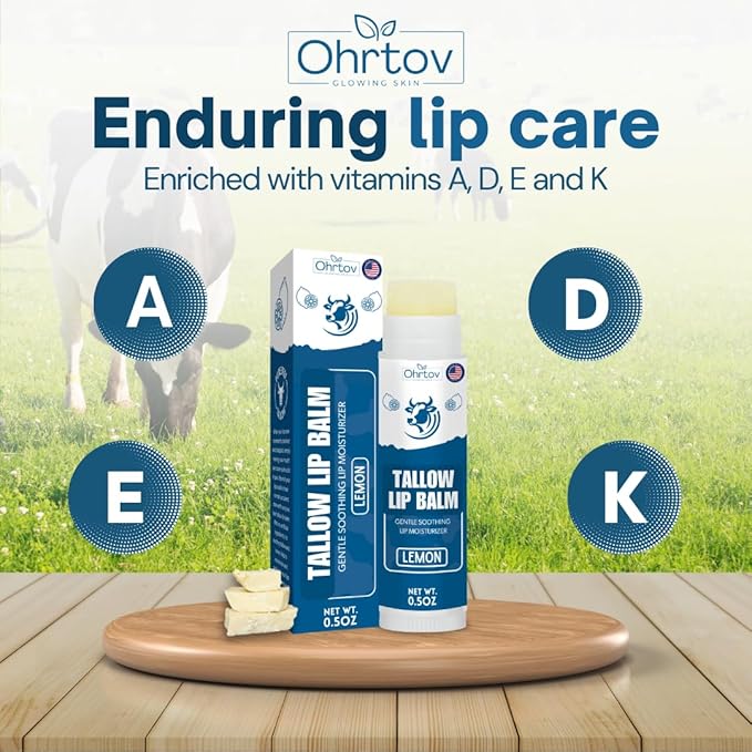 Beef Tallow Lip Balm – Natural Tallow Beeswax Chapstick – Hydrating Moisturizer Grass Fed Bison Tallow Balm Lip Care – Soothes Chapped, Dry Lips, Sensitive Skin – Long Lasting & Vitamin Rich USA-Made