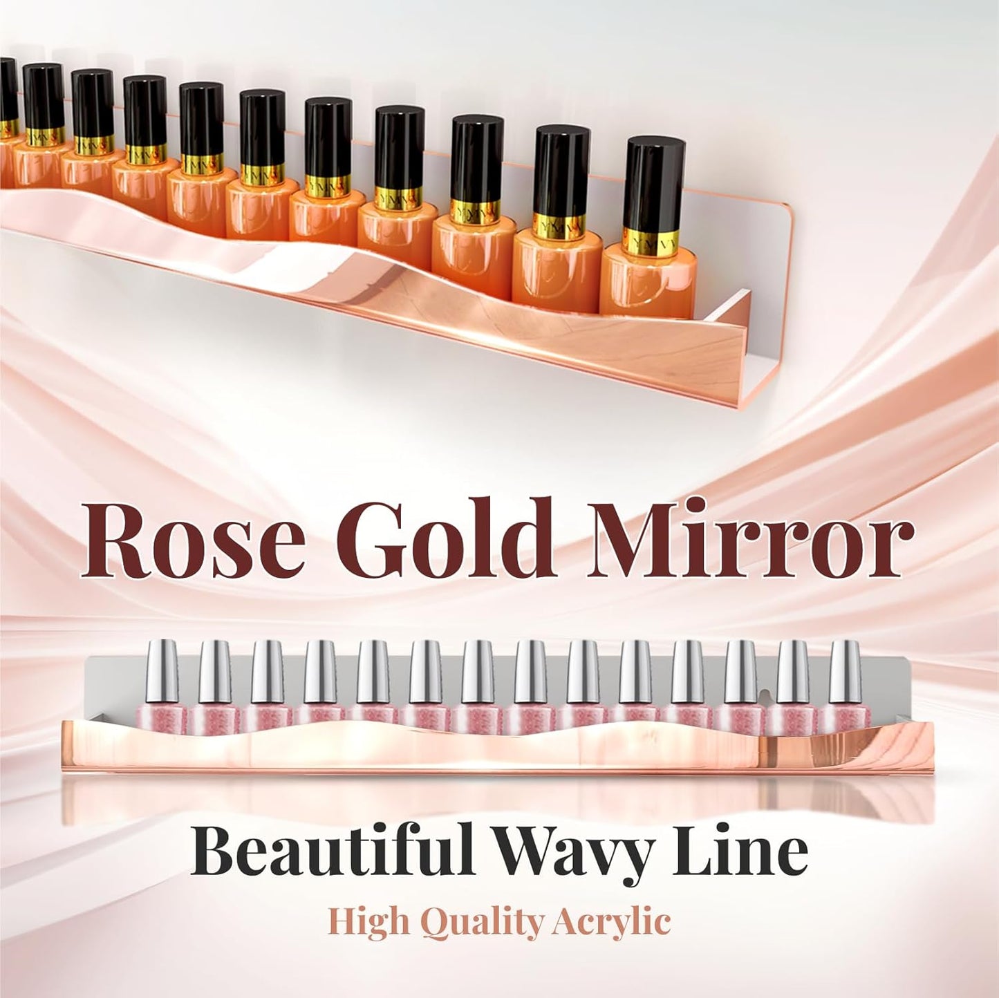 Wall-Mounted Nail Polish Organizer Rack - 15-Inch Rose Gold Mirror Finish Nail Polish Shelf, Makeup & Beauty Essentials Storage - Multi-Purpose Display Holder for Small Space, Vanity Bathroom, 6 Pack