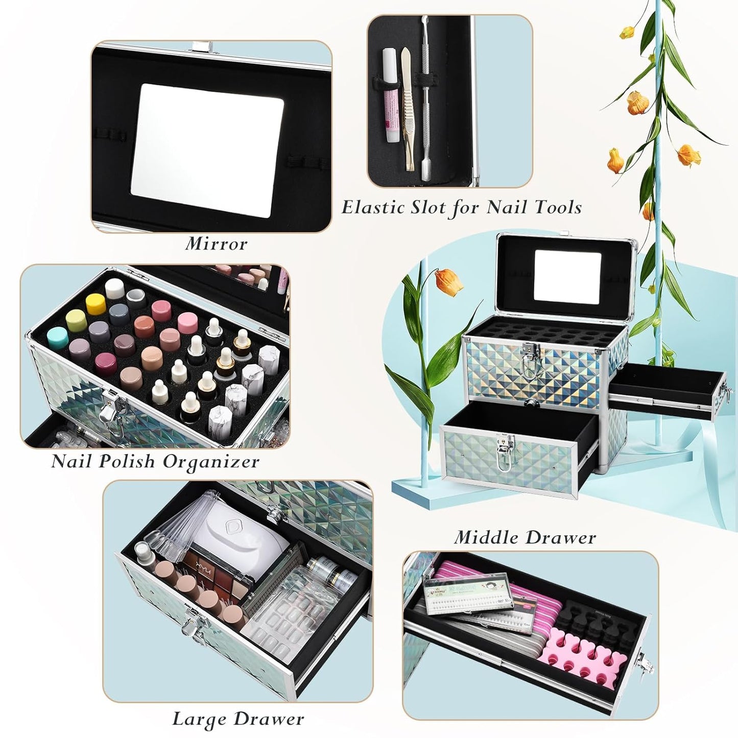 FRENESSA Extra Large Makeup Organizer with Drawer, Mirror, Dividers, Travel Nail Art Case - Watery Blue