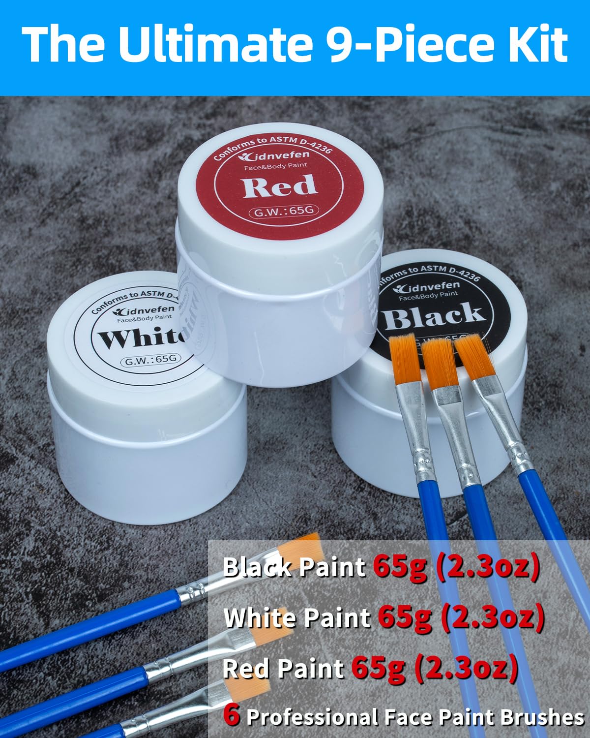 3 Colors Oil Based Face Body Paint Set with 6 Brushes, White Black Red Clown Makeup Kit for Halloween Goth Pennywise Joker Devil Zombie Vampire Skeleton SFX Cosplay Stage, Non Toxic for Kids & Adults
