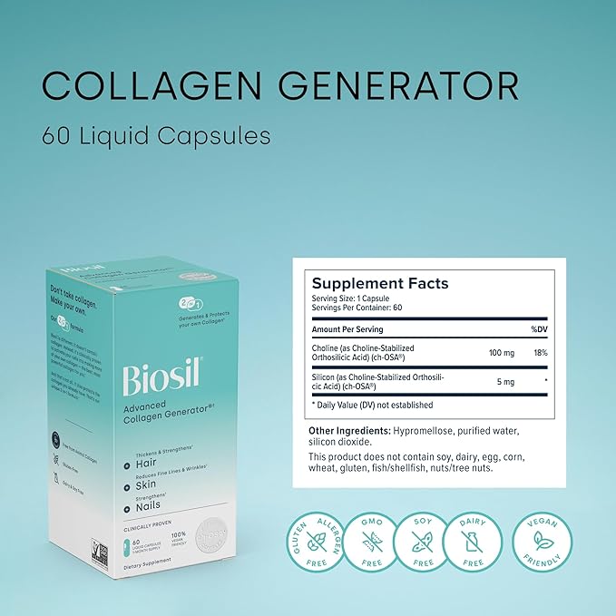 Biosil Collagen Generator - 60 Liquid Capsules, Pack of 2 - with Patented ch-OSA Complex - Generates & Protects Your Own Collagen - GMO Free - 60-Day Supply