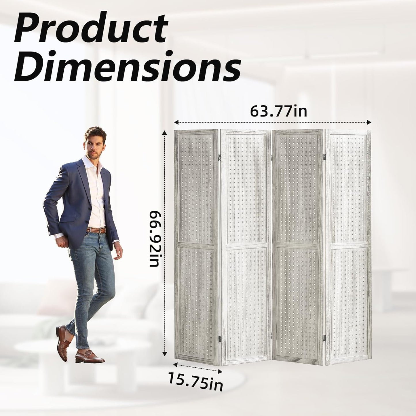 Room Divider, Room Partitions and Dividers, 4 Panel Room Divider Panel, Pegboard Display Board with 16 Hooks for Bedroom, Bazaar, Jewelry Display Stand, White