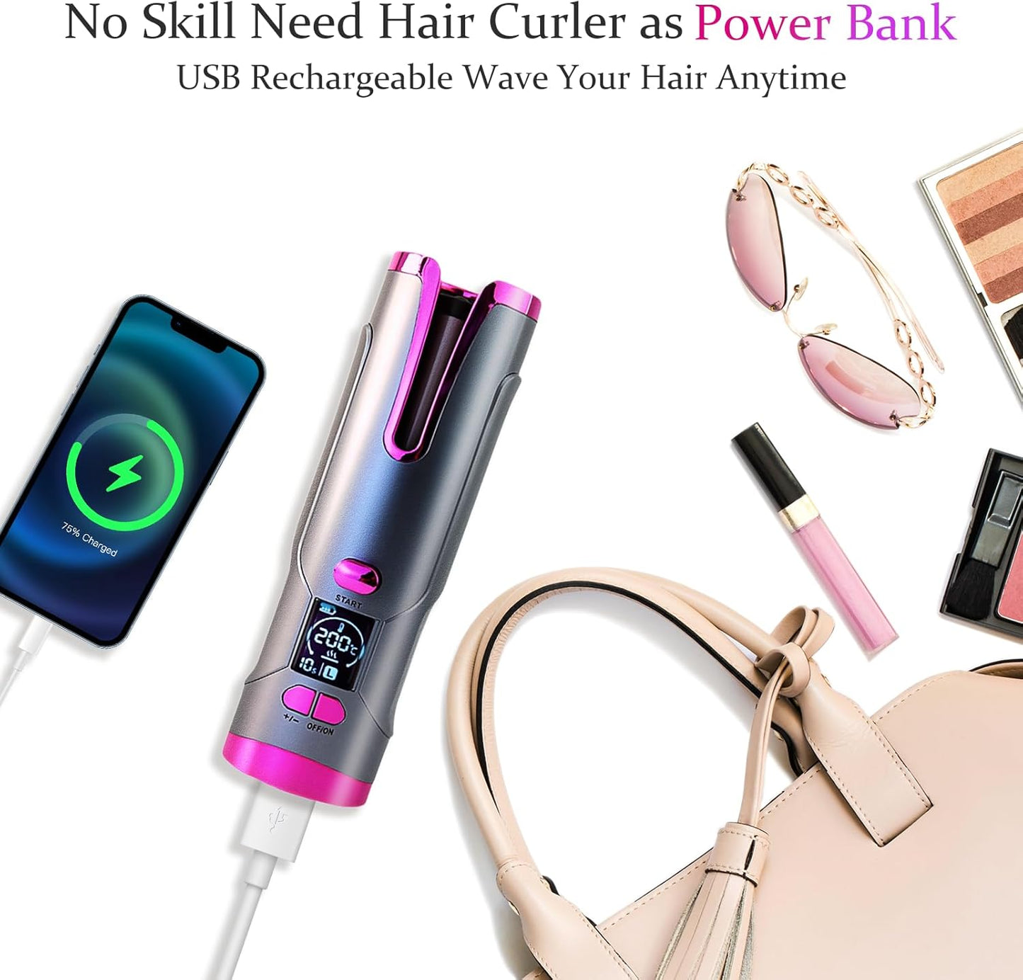 Automatic Curling Iron 3/4 inch Barrel, Cordless Automatic Curling Iron 5200mAh USB Rechargeable, Auto Hair Curler for Long Hair, Ceramic Travel Curling Wand, Auto Shut-Off & Anti-Tangle Design