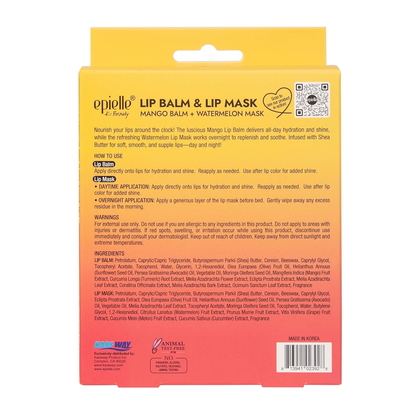 Epielle Lip Balm & Mask Mango & Watermelon, Hydrating Tint Sheer, Overnight Lip Masks, Kbeauty