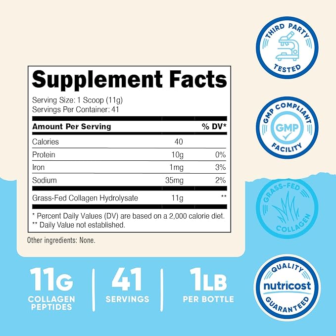 Nutricost Grass-Fed Collagen Powder 1LB (454 G) - Bovine Collagen Hydrolysate (Unflavored) - Collagen Peptides