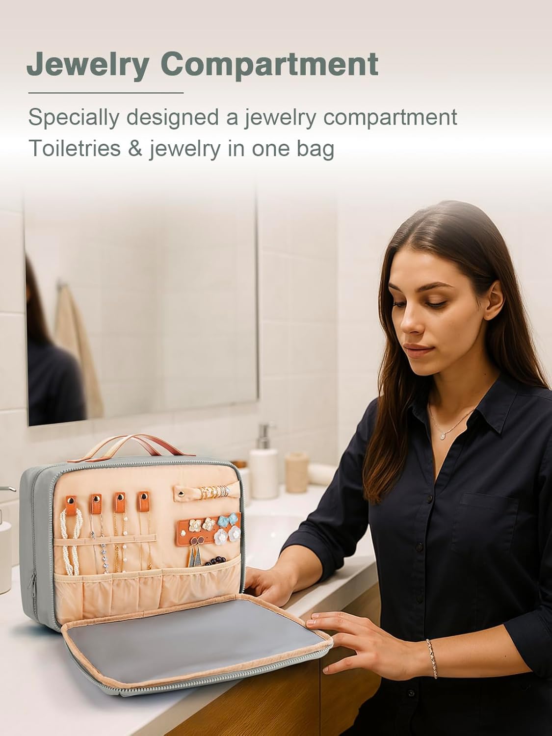 Women's Hanging Toiletry Bag, Waterproof Travel Cosmetic Organizer with Jewelry Storage, Large Capacity Makeup Case for Full-Size Skincare & Bathroom Essentials, Portable Cosmetic kit, Grey