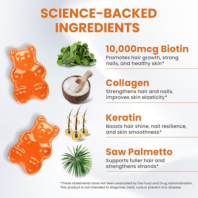 Venture Pal Biotin Gummies with Collagen & Keratin - Hair Growth Support Skin and Nail Strength Vitamins for Women & Men - Biotin 10000mcg | B-Complex | Saw Palmetto - Sugar Free, Non-GMO, 60ct
