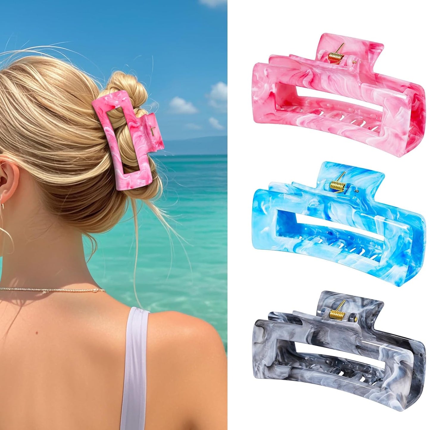 3Pcs Hair Claw Clips for Women, 4.1 Inch Non slip Medium Claw Clip, Reference Ink Painting Design, Ideal for Home Party and Work Styling, Hair Accessories for Girls Gift (Pink Blue Gray)