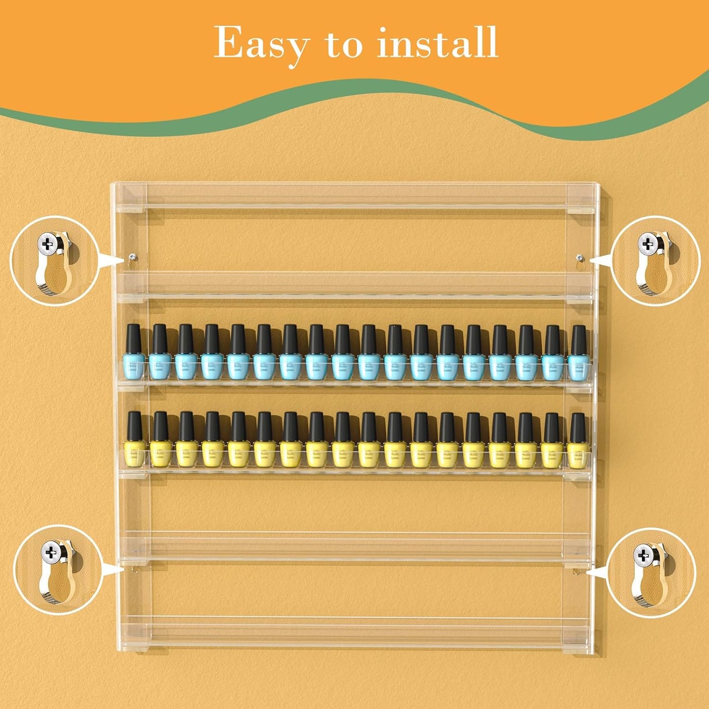 FEMELI 21 * 21 Inch Nail Polish Wall Rack, Easy to Install, Clear Acrylic Nail Polish Display Holder Organizer 6 Tier Hold Up To 90-120 Bottles