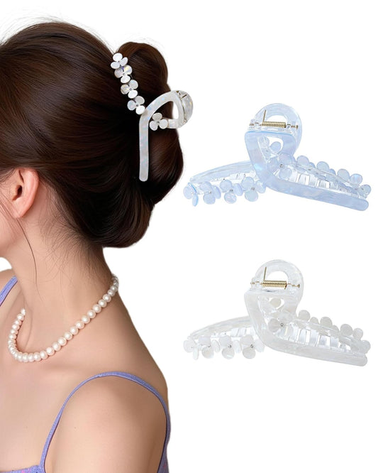 HOKEMP Large Hair Claw Clips for Women, 2 Pack Mermaid Acrylic 3D Flower Claw Clips for Thin & Thick Hair Styling Hair Accessories (White Mermaid + Blue Mermaid)