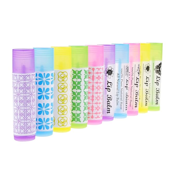 Kare & Kind DIY Lip Balm Container Tubes - 50-Pack (10x5 Colors) - Including 50 Writeable & Printed Lip Balm Stickers - Twist Mechanism and a Cap - 3/16 Oz (5.5 ml) - Moisturizing