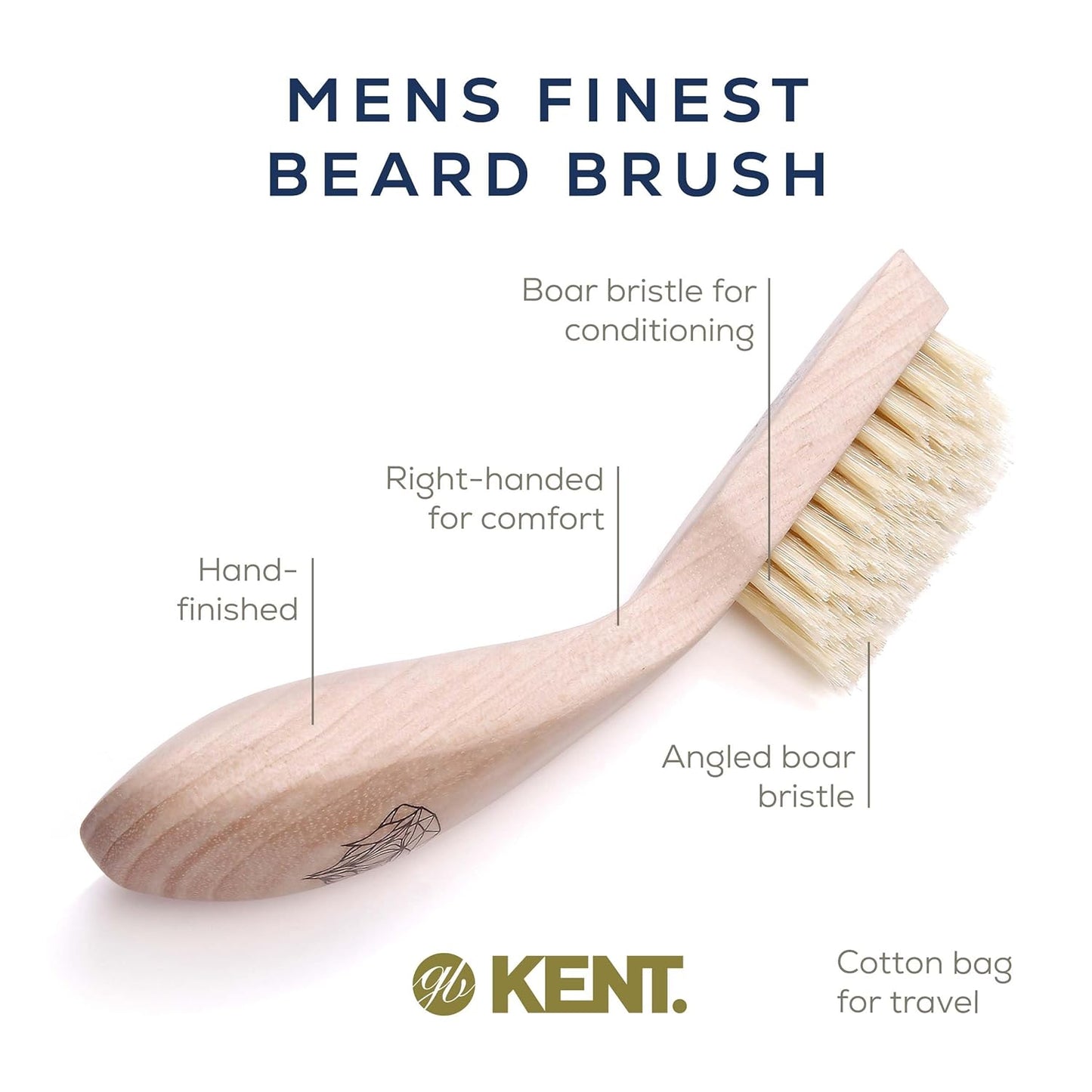 Kent BRD2 Boar Bristle Beard Brush for Men - Specially Cut Natural White Boar Bristle for Flawless Shaping and Grooming, Ergonomic Pistol-Like Grip Wood Handle, Dry or Wet Beard, Distributes Oils