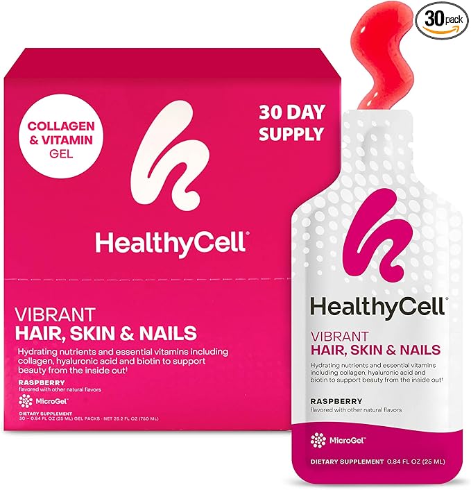 Healthycell Vibrant Hair Skin & Nails Daily Liquid Supplement - Beauty Supplements with Hydrating Nutrients & Essential Vitamins - Collagen, Biotin & Hyaluronic Acid - 30 Gel Packs