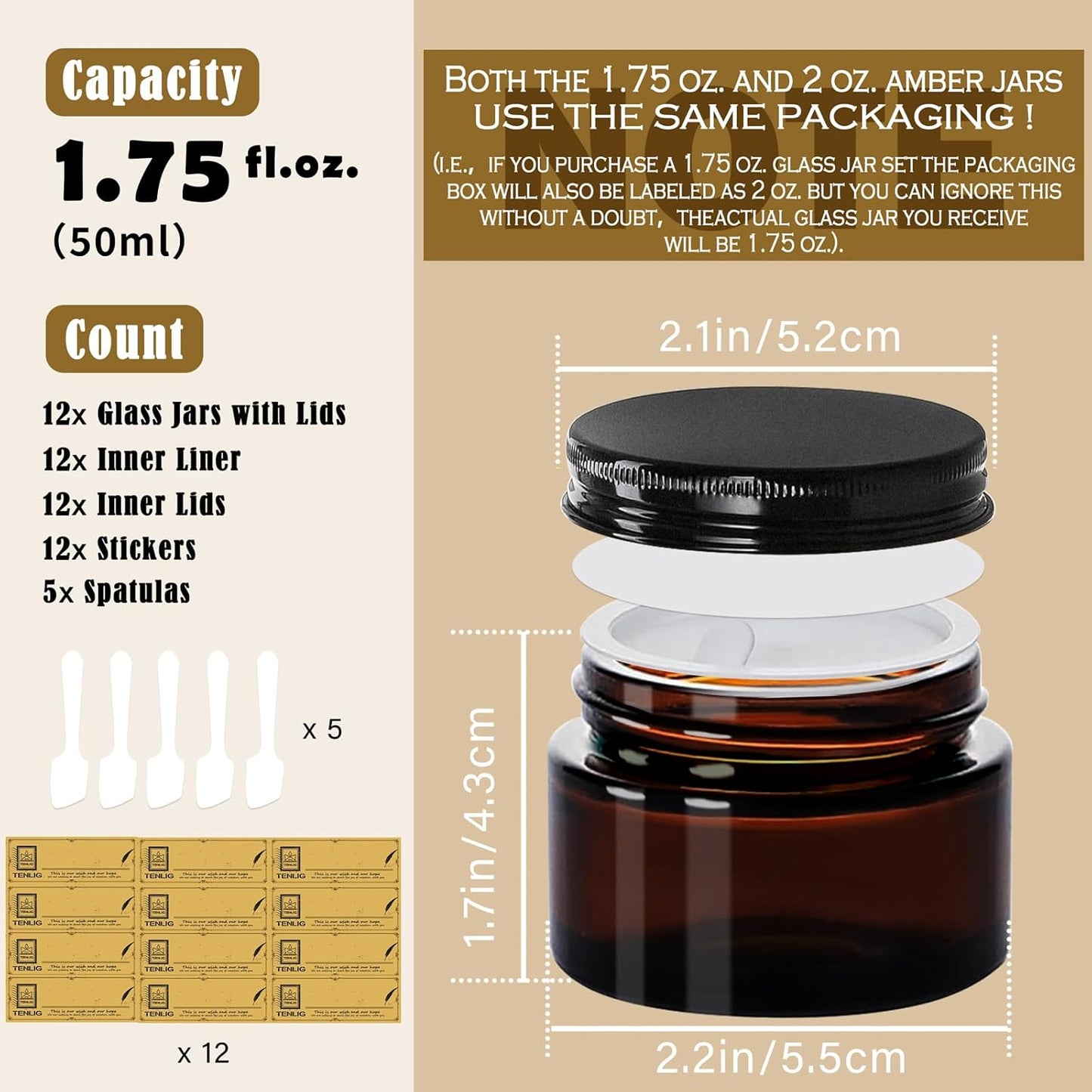 1.75 oz Glass Jars with Lids,Amber,12 Pack Empty Cosmetic Containers with Inner lids and Inner Liners,Black Metal Lids,Refillable Round Airtight Jars,Use to store Lotion,Powders,Candle Making