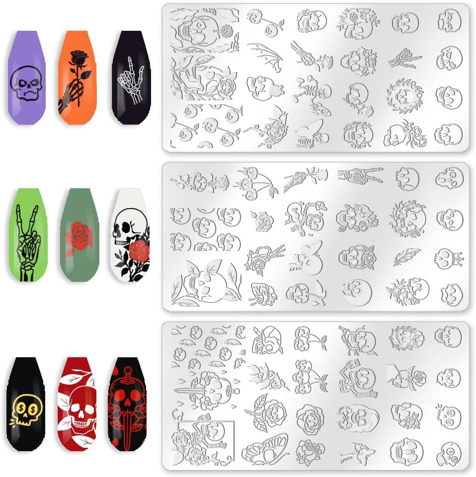 3Pcs Skull Nail Stamping Plate Set Halloween Nail Stamp Templates Skeleton Hands Roses Metal Reusable Tools with Stamper Scraper for Manicure Printing