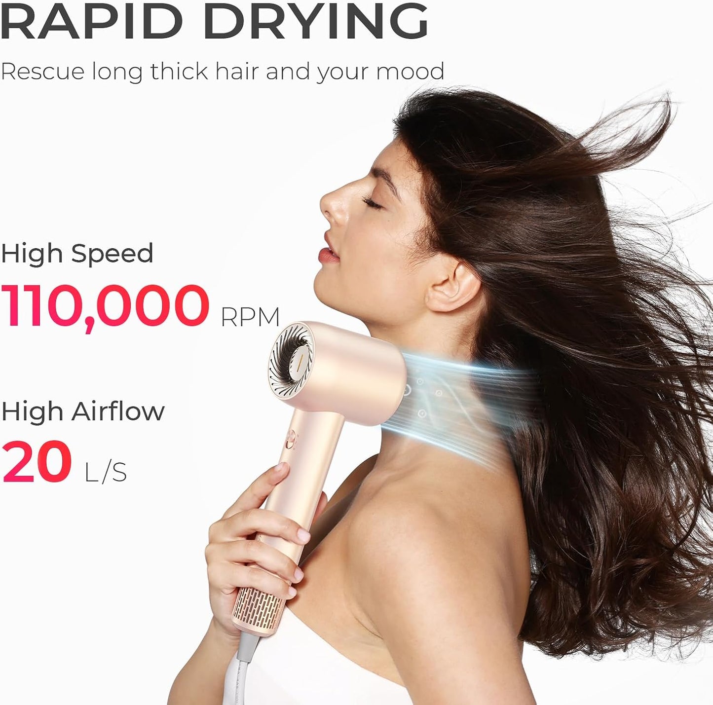 TYMO Ionic Hair Dryer for Women, High Speed Travel Blow Dryer for 5X Faster Drying & 0 Damage, Professional Portable Quiet Hairdryer with 400M Negative Ions, 4 Temps& 2 Speeds, 110,000 RPM, Gold Blush