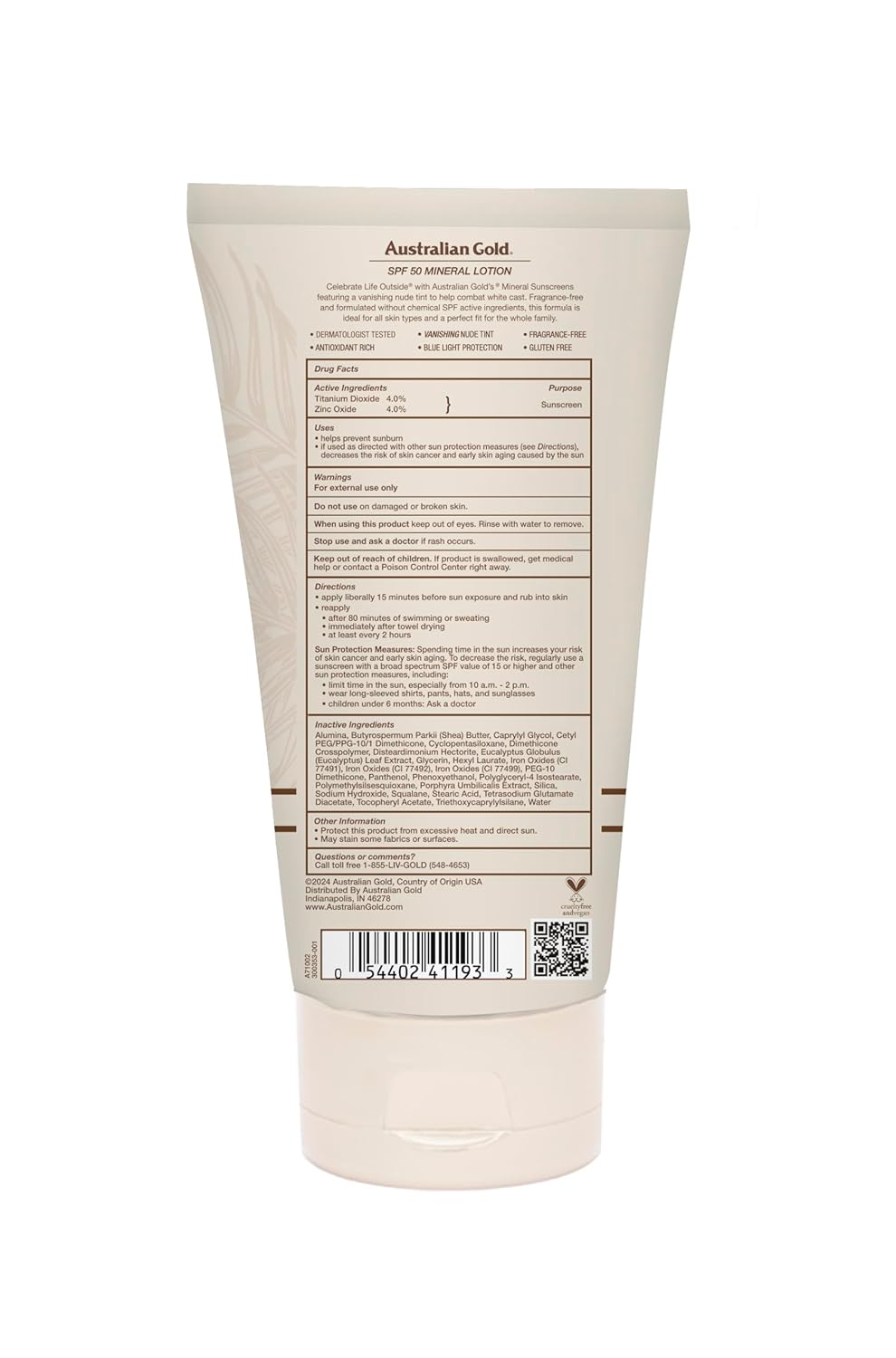 Australian Gold SPF 50 Mineral Sunscreen, 5 fl oz, Broad Spectrum Tinted Sunscreen, Gentle Protection for Every Shade, Vanishing Nude Tint, Blue Light Protection, Zinc Oxide 4% & Titanium Dioxide 4%